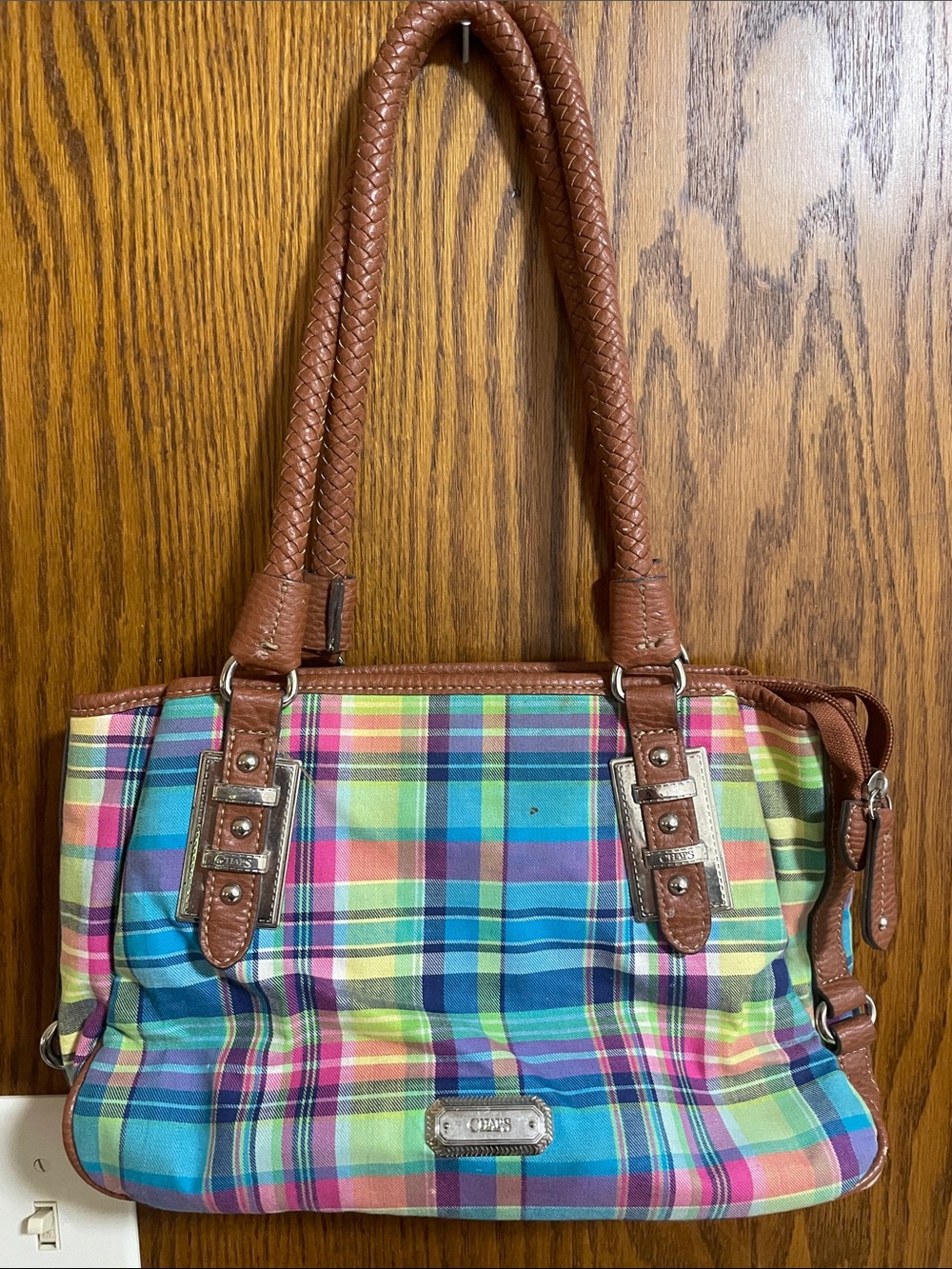 Chaps Bright Plaid Shoulder Bag with Brown Trim and Braided Handles